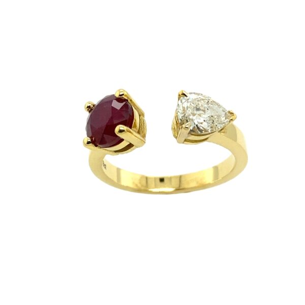 0.69ct G/H/SI Pear Shape Natural Diamond + 1.48ct Round Ruby, Set In 18ct Gold