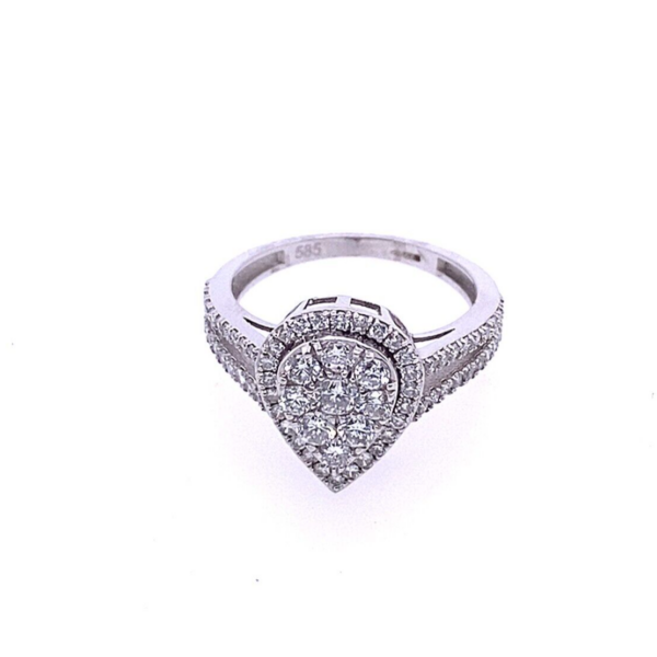 Pear Shaped Diamond Ring with Split Shank Diamond Set Shoulders, 1.05ct TDW
