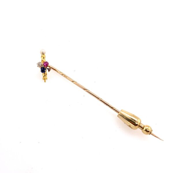 Antique 15ct Yellow Gold Stick Pin, Set With Ruby, Sapphire, Pearl & Diamond