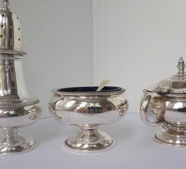 Matching Five Piece Sterling Silver Cruet, Salt, Pepper & Mustard Pot from 1970