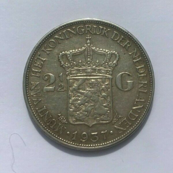 Dutch Silver 2 ½ Guilder Coin 1937, High Grade, Good Detail