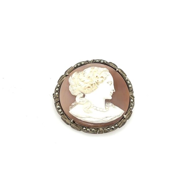 Vintage Circular Cameo Brooch Set In Sliver With Marcasite Stones