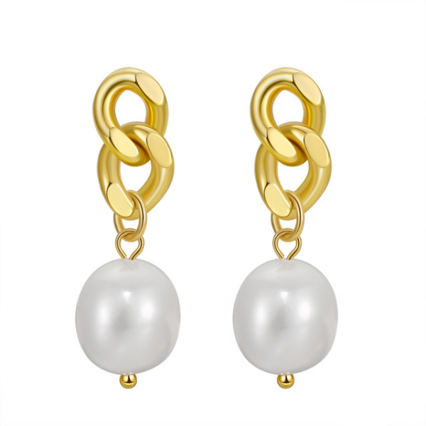 925 Sterling Silver 14ct Gold Plated Pearl 11mm Freshwater Pearl Drop Earrings