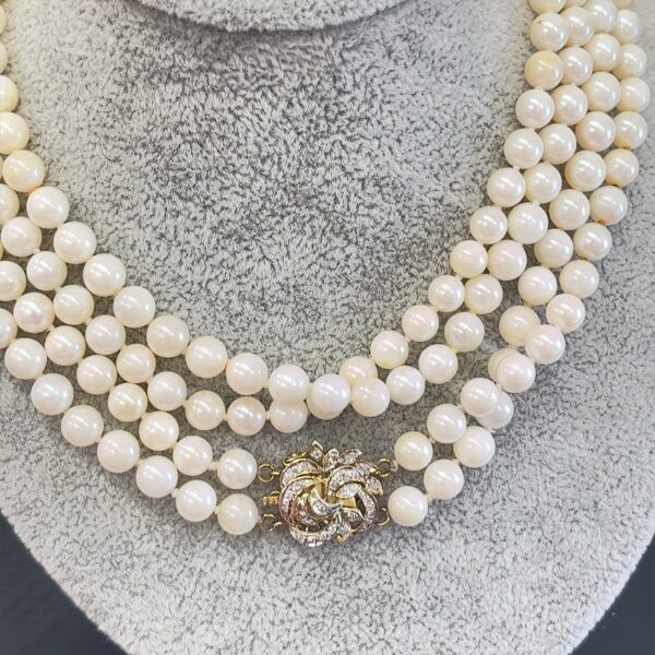 Vintage 2-Row Cultured Pearl Necklace Set With 14ct Gold Diamond Clasp