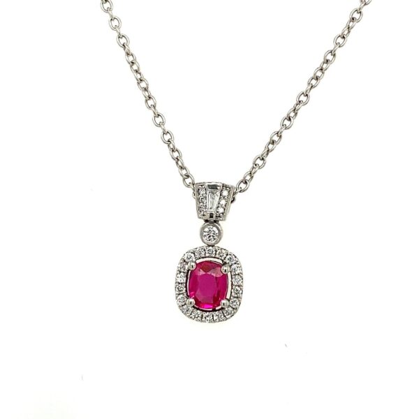 0.70ct Finest Quality Cushion Shape Ruby Pendant, Set with 0.42ct Of Diamonds