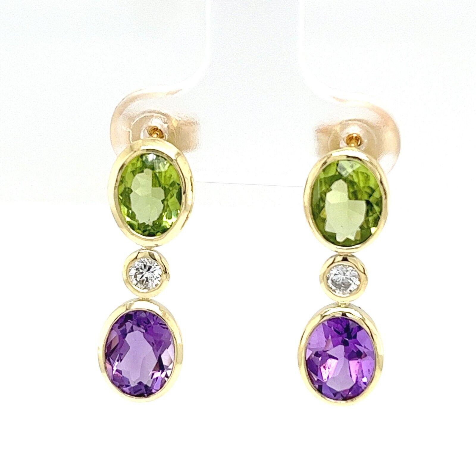 14ct Yellow Gold Amethyst, Peridot and Diamond Drop Earrings