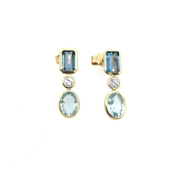 14ct Yellow Gold Aquamarine, Blue Topaz and Diamond Drop Earrings