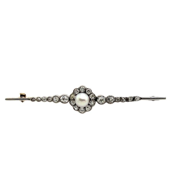 Antique Diamond & Pearl Brooch Set In Platinum & 12ct Yellow Gold