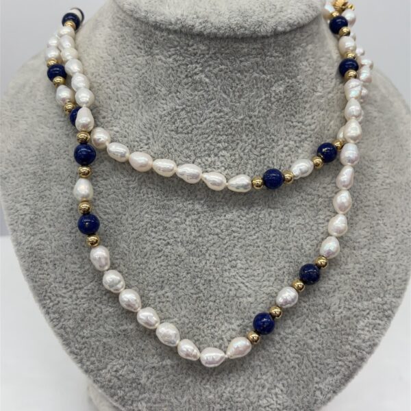 Vintage Freshwater Pearls & Lapis Lazuli with 14ct Gold Beads Necklace