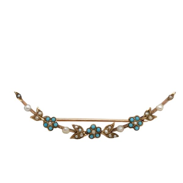 Vintage Seed Pearl & Turquoise Brooch, Set in 9ct Yellow Gold