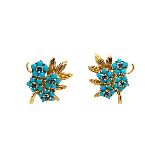 Vintage Turquoise & Sapphires Flower Earrings set In 18ct Yellow Gold