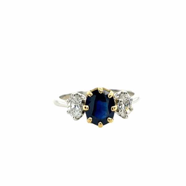 Vintage Platinum & 18ct Yellow Gold Oval 3 Stone Diamond and Sapphire Ring