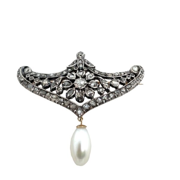 Antique 13ct Gold & Silver Diamond Brooch with Drop Pearl