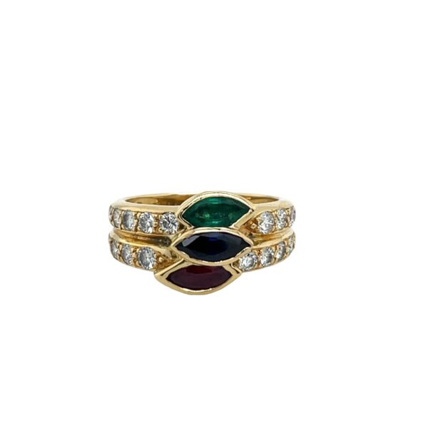 18ct Yellow Gold 3-Band Diamond Ring, Emerald, Sapphire, Ruby