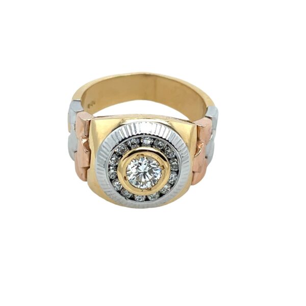 0.55ct Diamond Men’s Ring – 3-Colour 18ct Gold, Rolex-Style Band