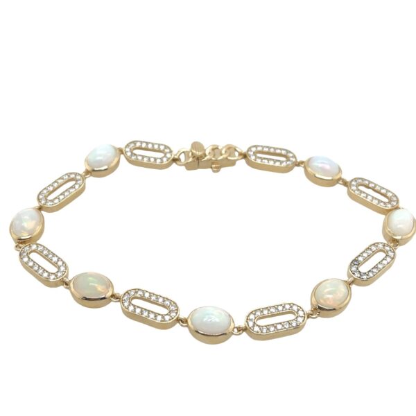 14ct Yellow Gold Opal & Diamond Bracelet – 7 Oval Opals, 1.15ct Diamonds