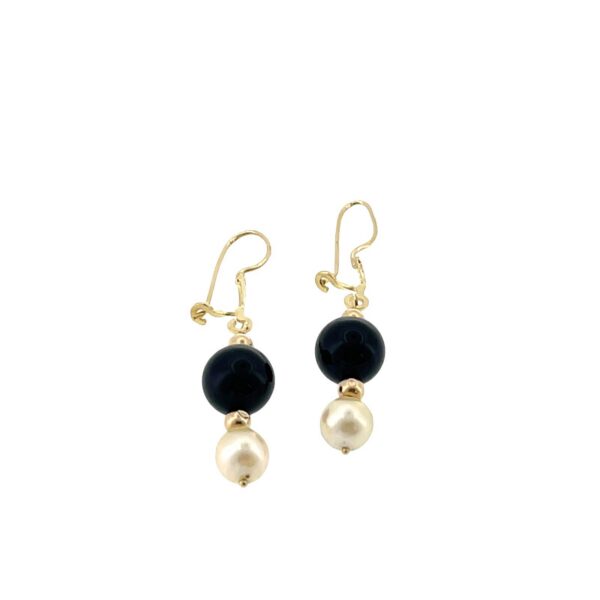 9ct Yellow Gold Earrings Set With 2 Cultured Pearls and Black Onyx