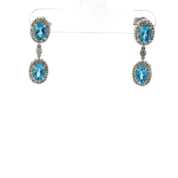 14ct White Gold Blue Topaz & Diamond Halo Drop Earrings