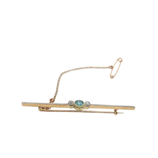 Vintage 9ct Yellow Gold & Palladium Diamond &Aquamarine Brooch