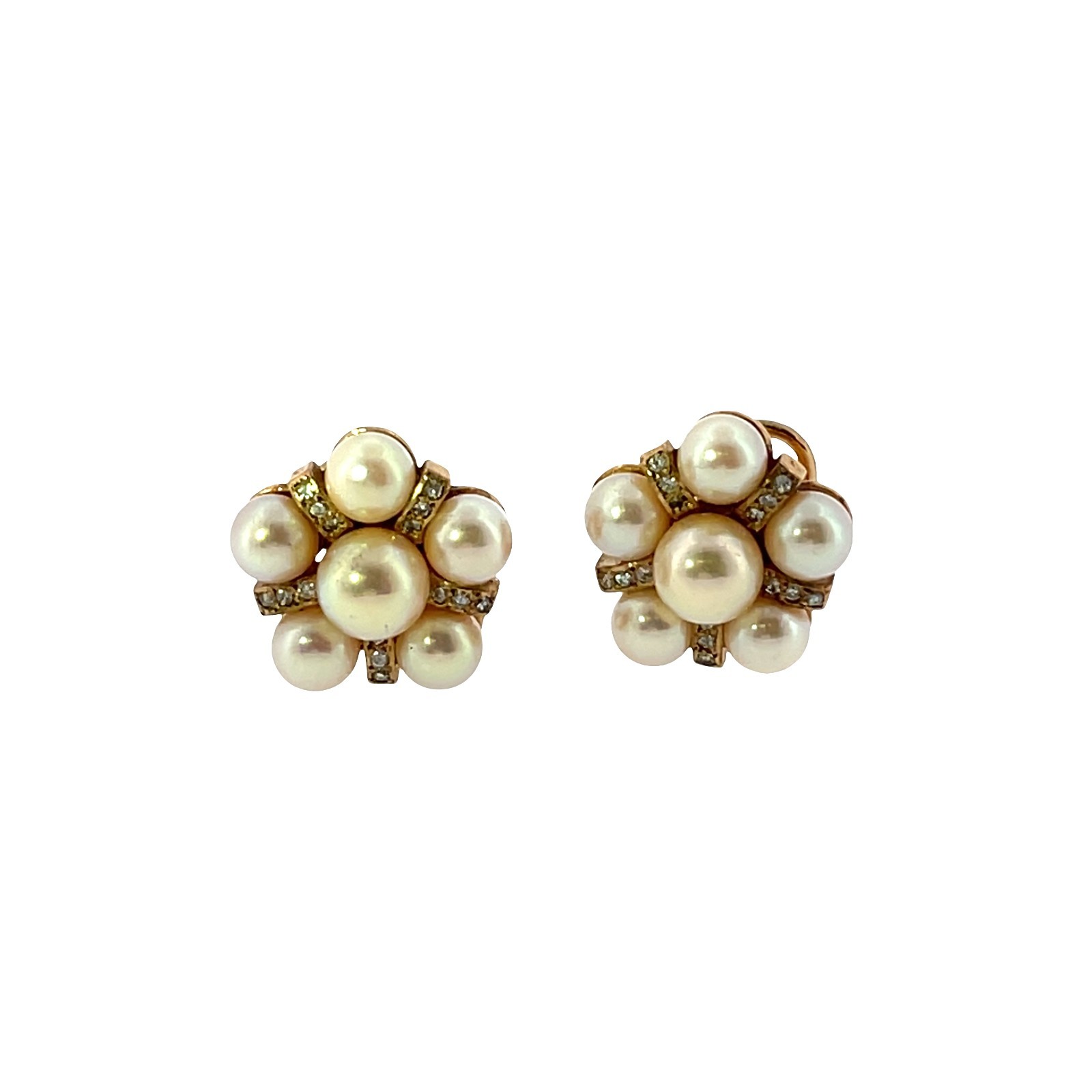 Vintage Pearl & Diamond Flower Earrings – 9ct Yellow Gold