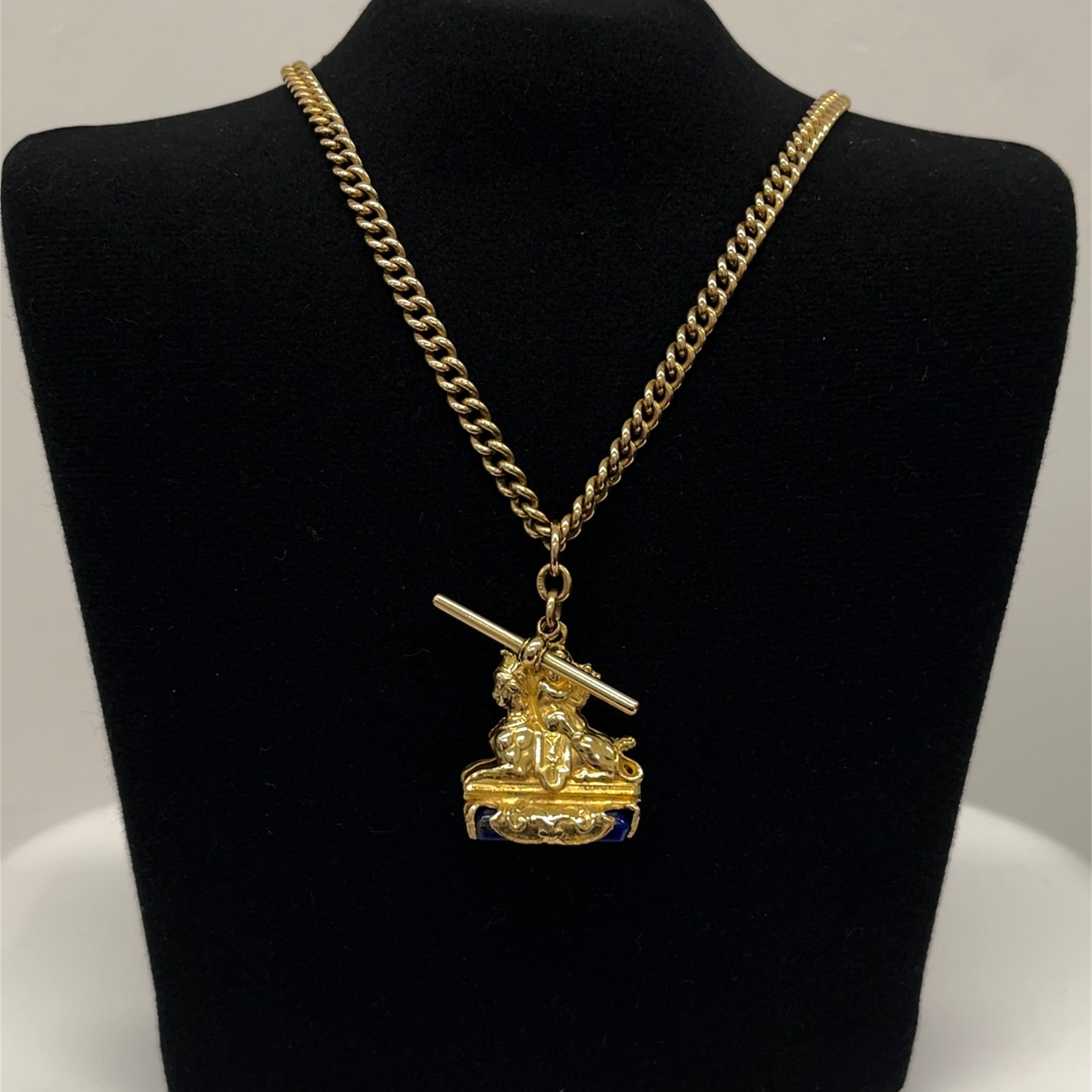 Vintage 18ct Yellow Gold & Lapis Lazuli Seal Fob Pendant on Chain, 69.64g