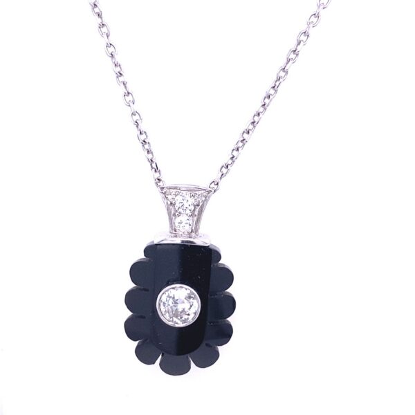 Carved Jet Pendant Set with 0.30ct Diamond in 18ct White Gold with Chain