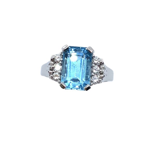 Triple AAA Emerald Cut 3.10ct Aquamarine Ring w/ 3 Diamonds on Sides in Platinum