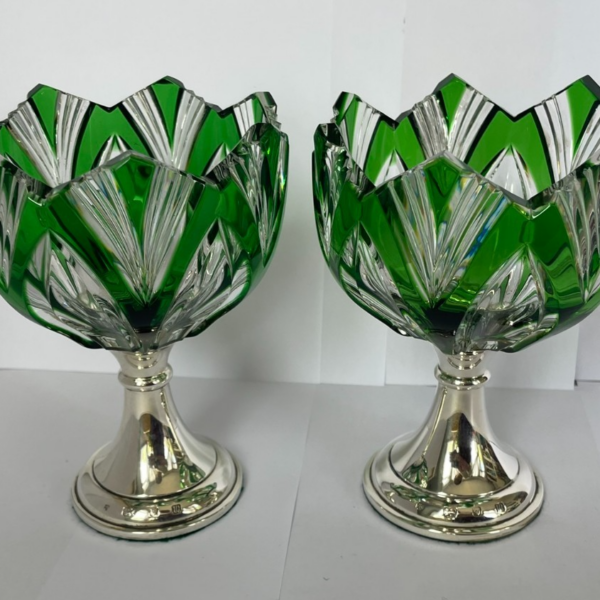 Pair of Green Cut Crystal and Sterling Silver Compotes by CJ Vander in 1996