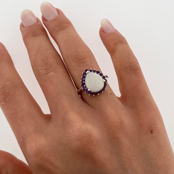925 Sterling Silver Opal & Amethyst Halo Ring