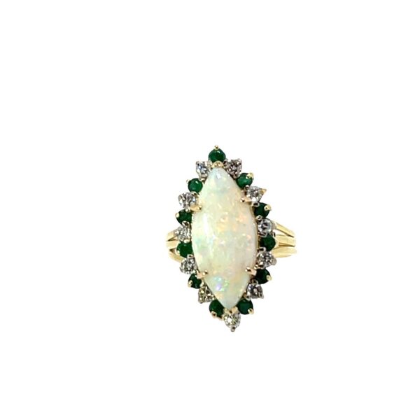 Vintage Opal, Emerald & Diamond Cluster Ring set In 18ct Yellow Gold