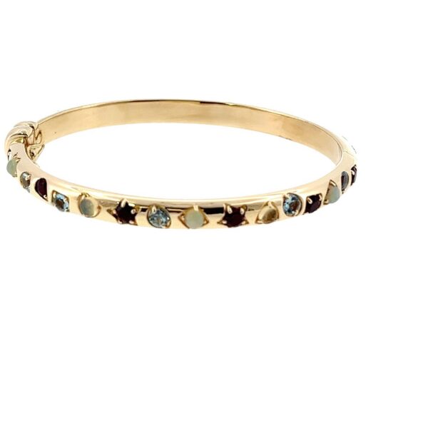 18ct Yellow Gold Natural Gemstone Bangle – Aquamarine, Garnet & Opal