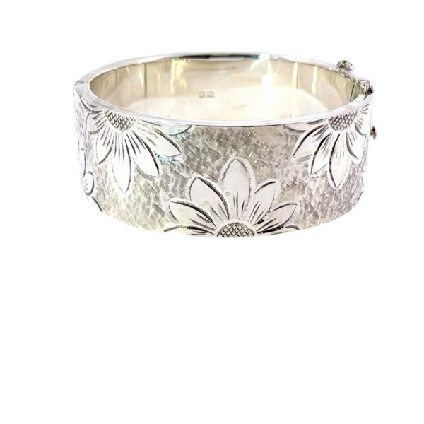 925 Sterling Silver Hand-Engraved Floral Bangle – 63.17g