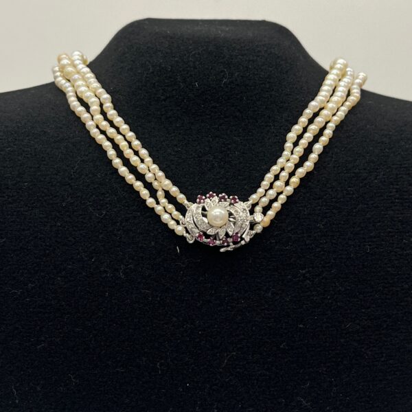 Vintage 3 Row Pearls Necklace 18ct White Gold Clasp with Diamonds & Rubies