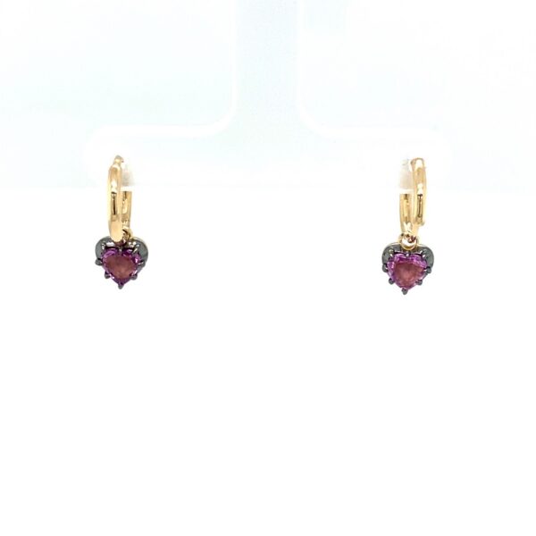 Heart Shape Pink Sapphire Set In 14ct Yellow & Black Gold Setting Hoop Earrings