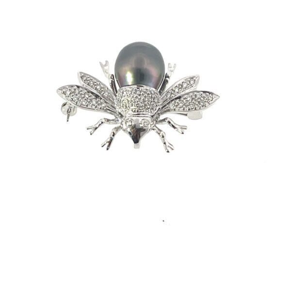 Vintage South Sea Pearl & Pavé Diamond Bee Brooch / Pendant – 14ct White Gold